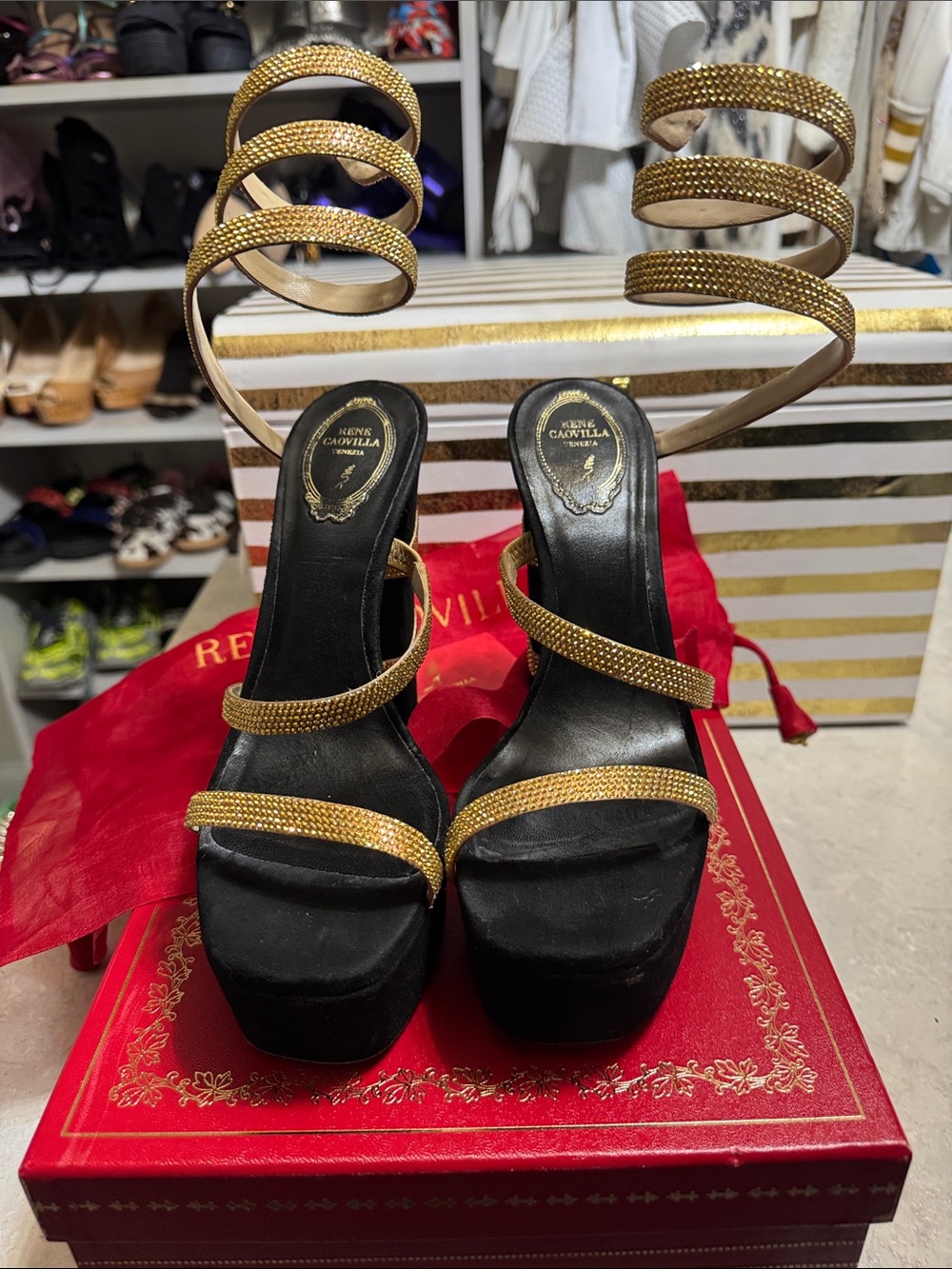 Rene Caovilla Black Suede Platform Sandals with Gold Spiral Wraps